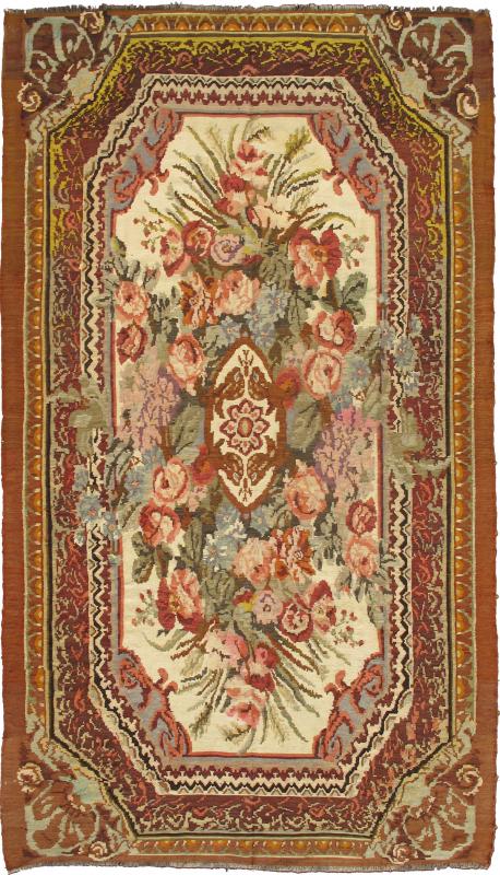 Keivan Woven Arts, Large vintage floral kilim in elegant European design Kb - H - 401 - 10, Large flat - weave vintage Bessarabian kilim rug with floral central medallion in green, red, and ivory. Measures: 7'7 x 13'. - Keivan Woven ArtsKB - H - 401 - 10 - 1546Rug