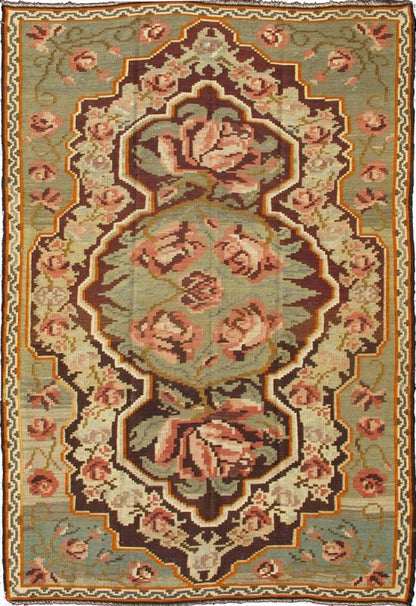 Keivan Woven Arts, Kb - H - 401 - 14, Vintage Turkish Kilim Rug - Hand - made vintage Kilim rug with a beautiful central medallion and vining floral design in green, brown and multi - colors. Measures: 5'7 X 8'6 - Keivan Woven ArtsKB - H - 401 - 14 - 1550Rug
