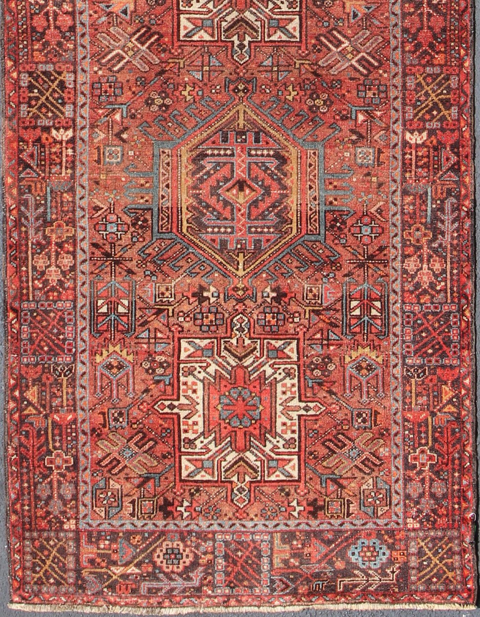 Wide Geometric Persian Heriz Runner with Medallions in Red & Jewel Tones Keivan Woven Arts - Geometric Medallion design multicolored vintage Persian Karadjeh runner, rug KB - H - 604 - 16, country of origin / type: Iran / Karadjeh, circa 1950. This... - Keivan Woven ArtsKB - H - 604 - 16 - 1334Rug