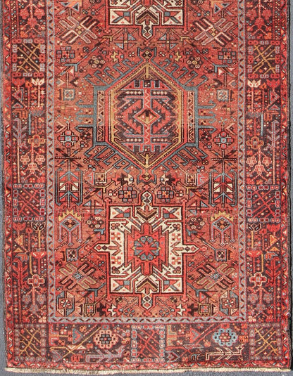 Wide Geometric Persian Heriz Runner with Medallions in Red & Jewel Tones Keivan Woven Arts - Geometric Medallion design multicolored vintage Persian Karadjeh runner, rug KB - H - 604 - 16, country of origin / type: Iran / Karadjeh, circa 1950. This... - Keivan Woven ArtsKB - H - 604 - 16 - 1334Rug