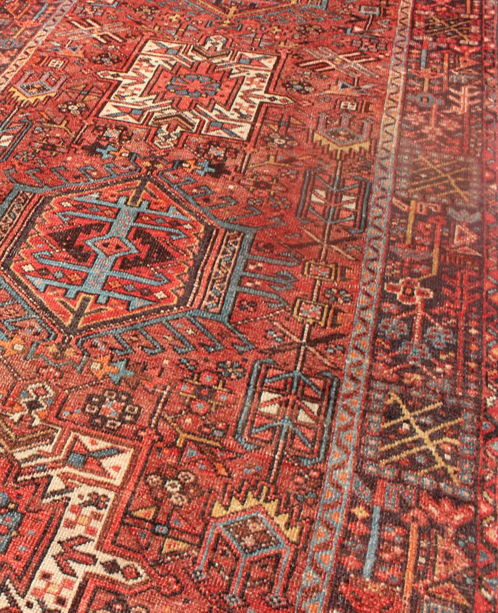 Wide Geometric Persian Heriz Runner with Medallions in Red & Jewel Tones Keivan Woven Arts - Geometric Medallion design multicolored vintage Persian Karadjeh runner, rug KB - H - 604 - 16, country of origin / type: Iran / Karadjeh, circa 1950. This... - Keivan Woven ArtsKB - H - 604 - 16 - 1334Rug