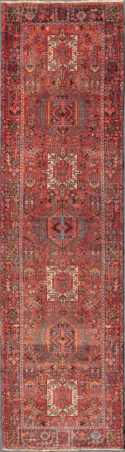Wide Geometric Persian Heriz Runner with Medallions in Red & Jewel Tones Keivan Woven Arts - Geometric Medallion design multicolored vintage Persian Karadjeh runner, rug KB - H - 604 - 16, country of origin / type: Iran / Karadjeh, circa 1950. This... - Keivan Woven ArtsKB - H - 604 - 16 - 1334Rug