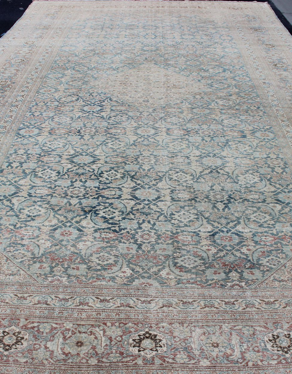 Large Antique Persian Tabriz Rug with Sub Geometric Herati Design in Light Blue. Cream, blue, charcoal and light brown and blue antique Persian Tabriz rug with sub - Geometric all over Herati design, rug / KB - NA - 180425, country of origin / type: ... - Keivan Woven ArtsKB - NA - 180425 - 8591Rug