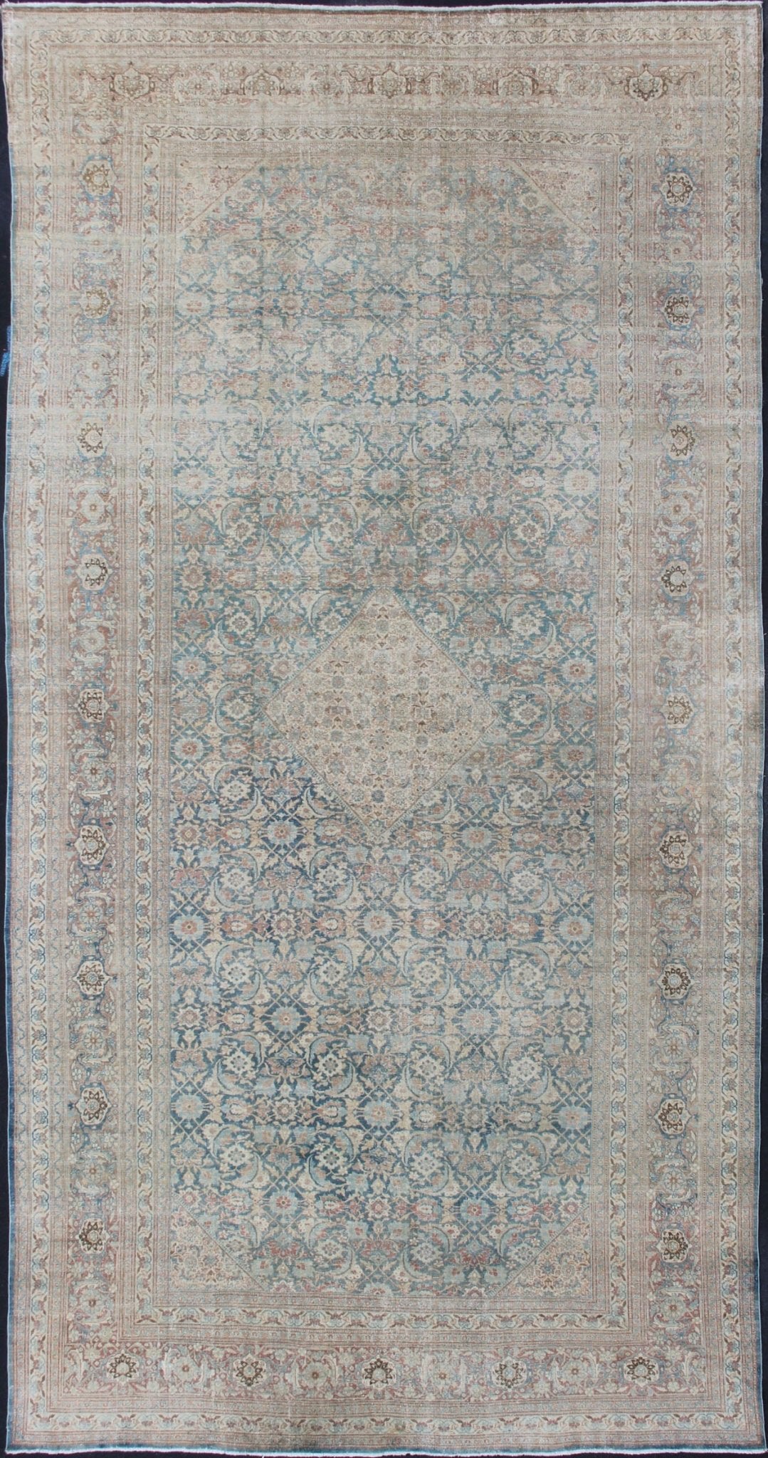 Large Antique Persian Tabriz Rug with Sub Geometric Herati Design in Light Blue. Cream, blue, charcoal and light brown and blue antique Persian Tabriz rug with sub - Geometric all over Herati design, rug / KB - NA - 180425, country of origin / type: ... - Keivan Woven ArtsKB - NA - 180425 - 8591