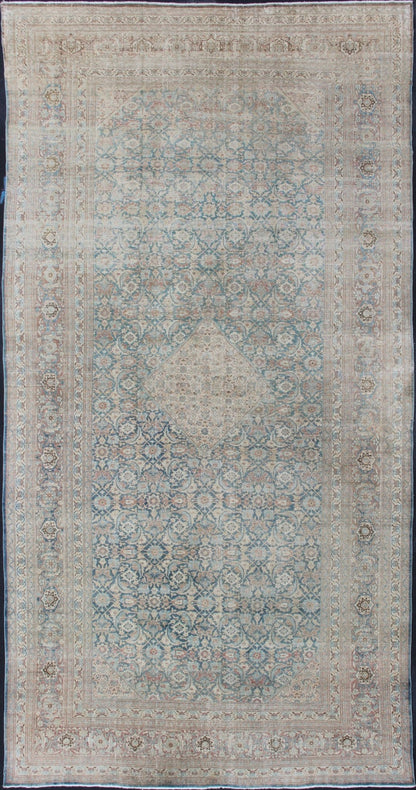 Large Antique Persian Tabriz Rug with Sub Geometric Herati Design in Light Blue. Cream, blue, charcoal and light brown and blue antique Persian Tabriz rug with sub - Geometric all over Herati design, rug / KB - NA - 180425, country of origin / type: ... - Keivan Woven ArtsKB - NA - 180425 - 8591