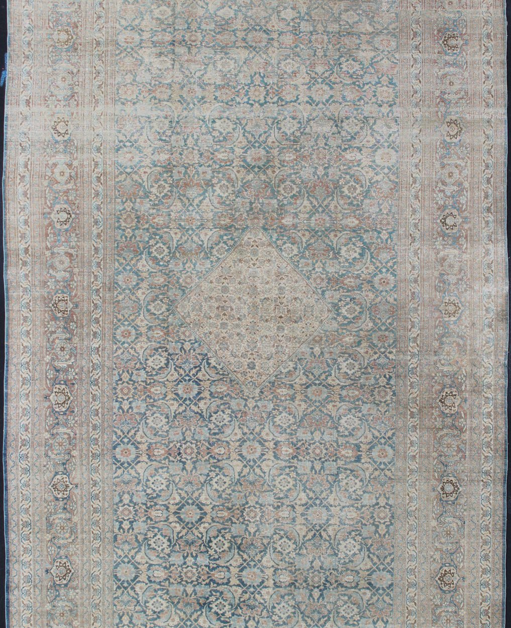 Large Antique Persian Tabriz Rug with Sub Geometric Herati Design in Light Blue. Cream, blue, charcoal and light brown and blue antique Persian Tabriz rug with sub - Geometric all over Herati design, rug / KB - NA - 180425, country of origin / type: ... - Keivan Woven ArtsKB - NA - 180425 - 8591