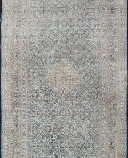 Large Antique Persian Tabriz Rug with Sub Geometric Herati Design in Light Blue. Cream, blue, charcoal and light brown and blue antique Persian Tabriz rug with sub - Geometric all over Herati design, rug / KB - NA - 180425, country of origin / type: ... - Keivan Woven ArtsKB - NA - 180425 - 8591