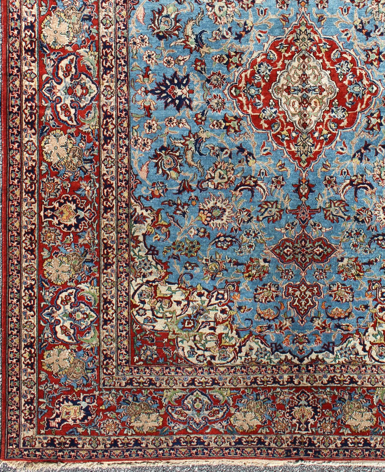 Very Fine Persian Isfahan Rug with Intricate Florals in Persian Blue & Red. Persian Isfahan, Fine Isfahan rug. This outstanding antique Persian Isfahan carpet is primarily characterized by its classical composition. This beautiful carpet re... - Keivan Woven ArtsKBE - 1404 - 8Rug