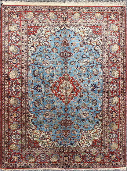 Very Fine Persian Isfahan Rug with Intricate Florals in Persian Blue & Red. Persian Isfahan, Fine Isfahan rug. This outstanding antique Persian Isfahan carpet is primarily characterized by its classical composition. This beautiful carpet re... - Keivan Woven ArtsKBE - 1404 - 8Rug