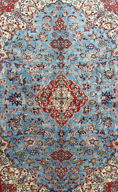 Very Fine Persian Isfahan Rug with Intricate Florals in Persian Blue & Red. Persian Isfahan, Fine Isfahan rug. This outstanding antique Persian Isfahan carpet is primarily characterized by its classical composition. This beautiful carpet re... - Keivan Woven ArtsKBE - 1404 - 8Rug