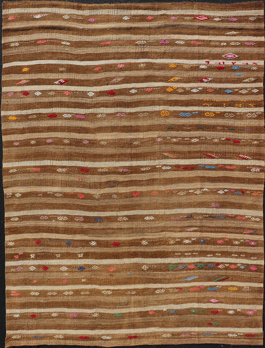 Measures: 7'0 x 9'7 Turkish Vintage Kilim with Embroidered Rug with Tan, Taupe, And Cream. Keivan Woven Arts / rug KBE - 14346, country of origin / type: Turkey / Kilim, circa 1950 This vintage Turkish Kilim rug features a contemporary geometri... - Keivan Woven ArtsKBE - 14346 - 22992Rug