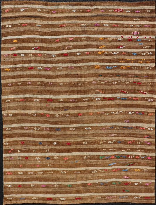 Measures: 7'0 x 9'7 Turkish Vintage Kilim with Embroidered Rug with Tan, Taupe, And Cream. Keivan Woven Arts / rug KBE - 14346, country of origin / type: Turkey / Kilim, circa 1950 This vintage Turkish Kilim rug features a contemporary geometri... - Keivan Woven ArtsKBE - 14346 - 22992