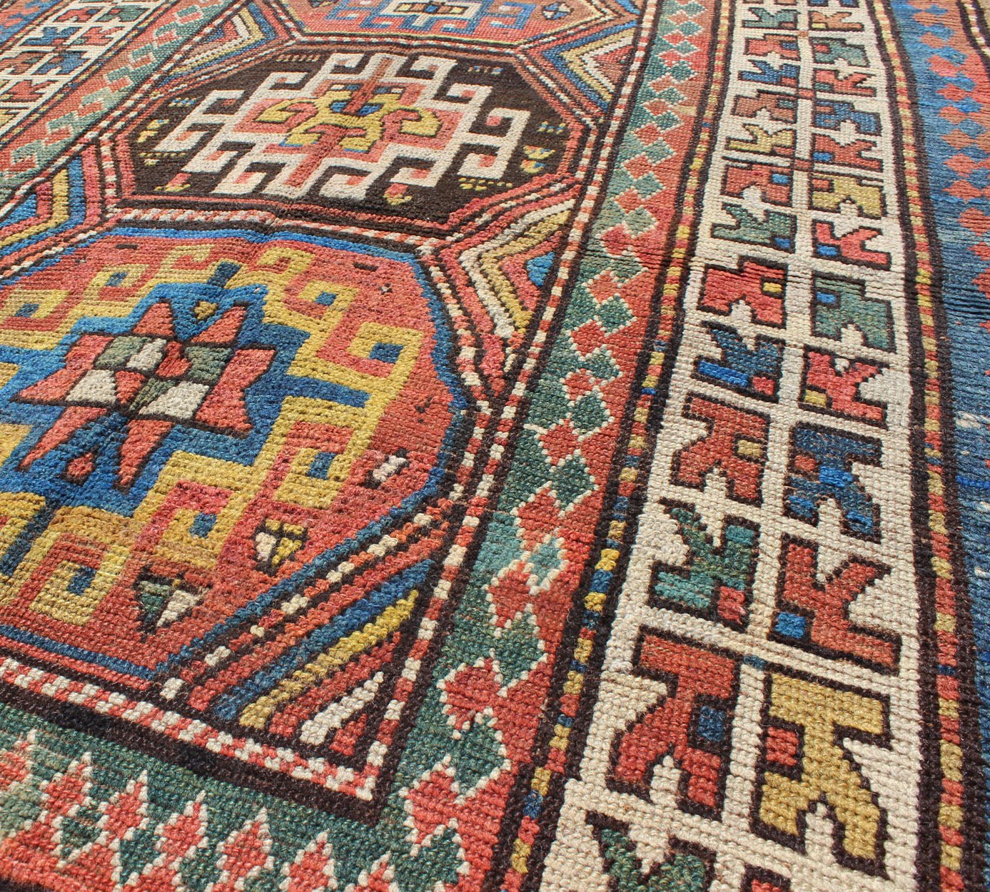 Late 19th Century Antique Kazak Carpet with Colorful Geometric Design. Keivan Woven Arts / rug KBE - 16, country of origin / type: Caucus / Caucasian, circa 1880. Measures: 3'8 x 6'3. This stunning late 19th century Kazak rug from the Caucasus regi... - Keivan Woven ArtsKBE - 16 - 4030Rug