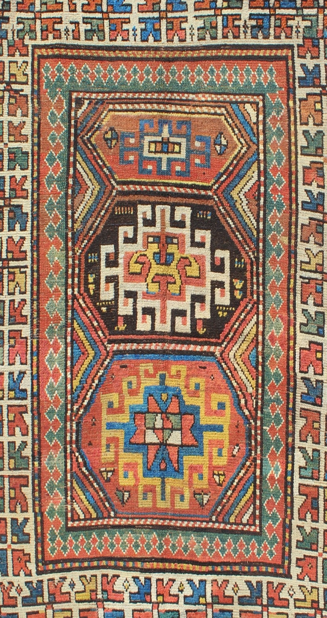 Late 19th Century Antique Kazak Carpet with Colorful Geometric Design. Keivan Woven Arts / rug KBE - 16, country of origin / type: Caucus / Caucasian, circa 1880. Measures: 3'8 x 6'3. This stunning late 19th century Kazak rug from the Caucasus regi... - Keivan Woven ArtsKBE - 16 - 4030Rug