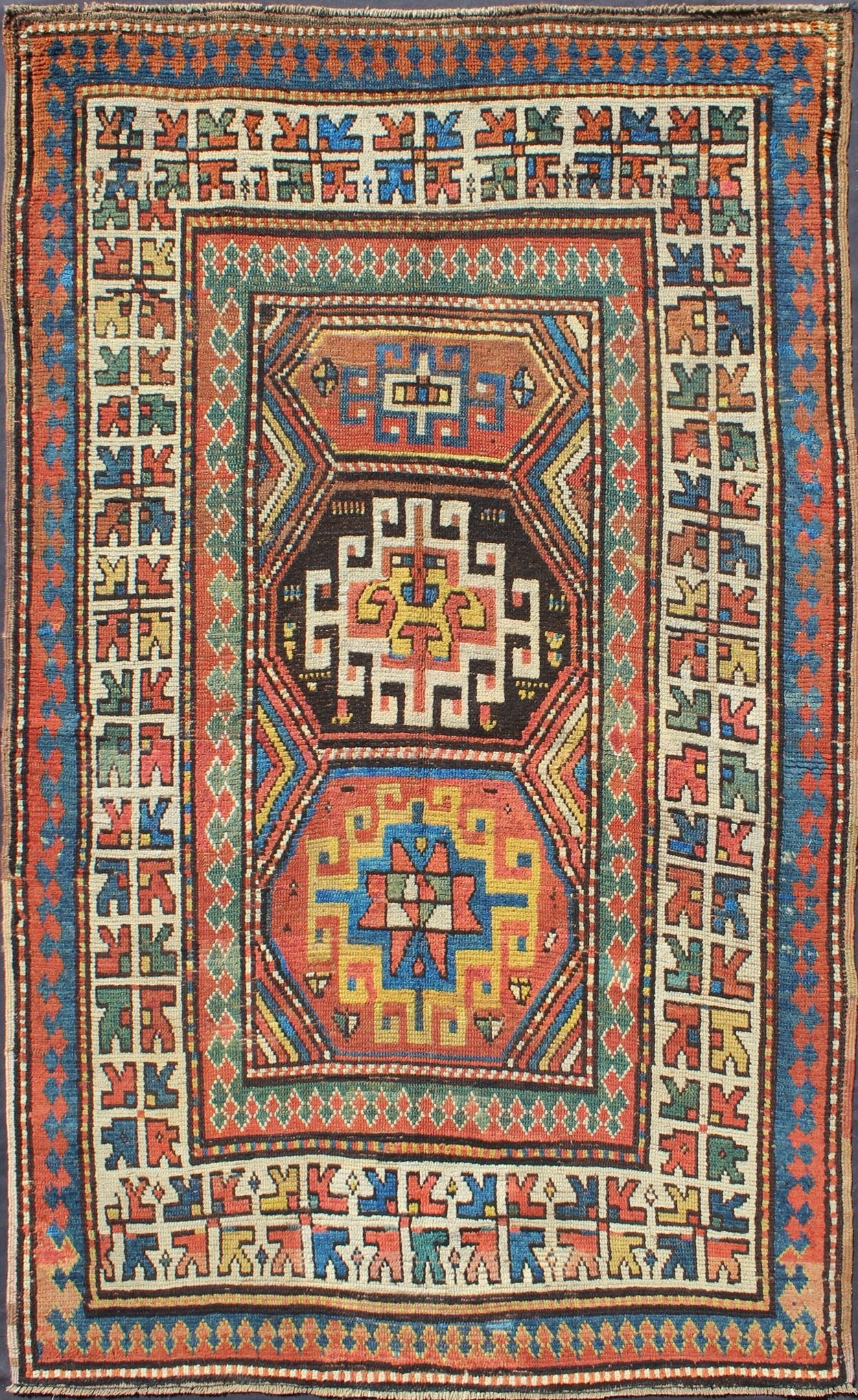 Late 19th Century Antique Kazak Carpet with Colorful Geometric Design. Keivan Woven Arts / rug KBE - 16, country of origin / type: Caucus / Caucasian, circa 1880. Measures: 3'8 x 6'3. This stunning late 19th century Kazak rug from the Caucasus regi... - Keivan Woven ArtsKBE - 16 - 4030Rug