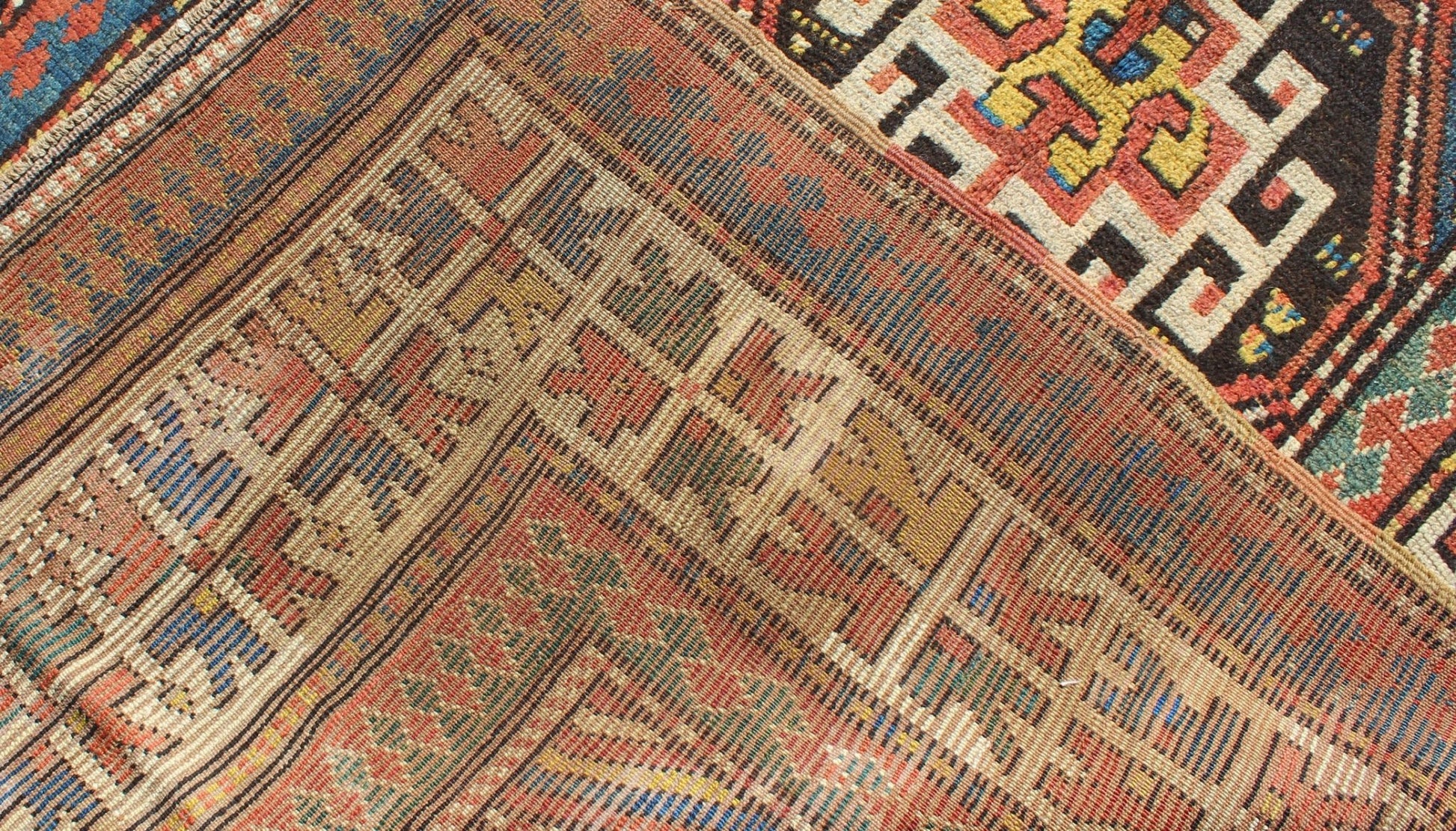 Late 19th Century Antique Kazak Carpet with Colorful Geometric Design. Keivan Woven Arts / rug KBE - 16, country of origin / type: Caucus / Caucasian, circa 1880. Measures: 3'8 x 6'3. This stunning late 19th century Kazak rug from the Caucasus regi... - Keivan Woven ArtsKBE - 16 - 4030Rug