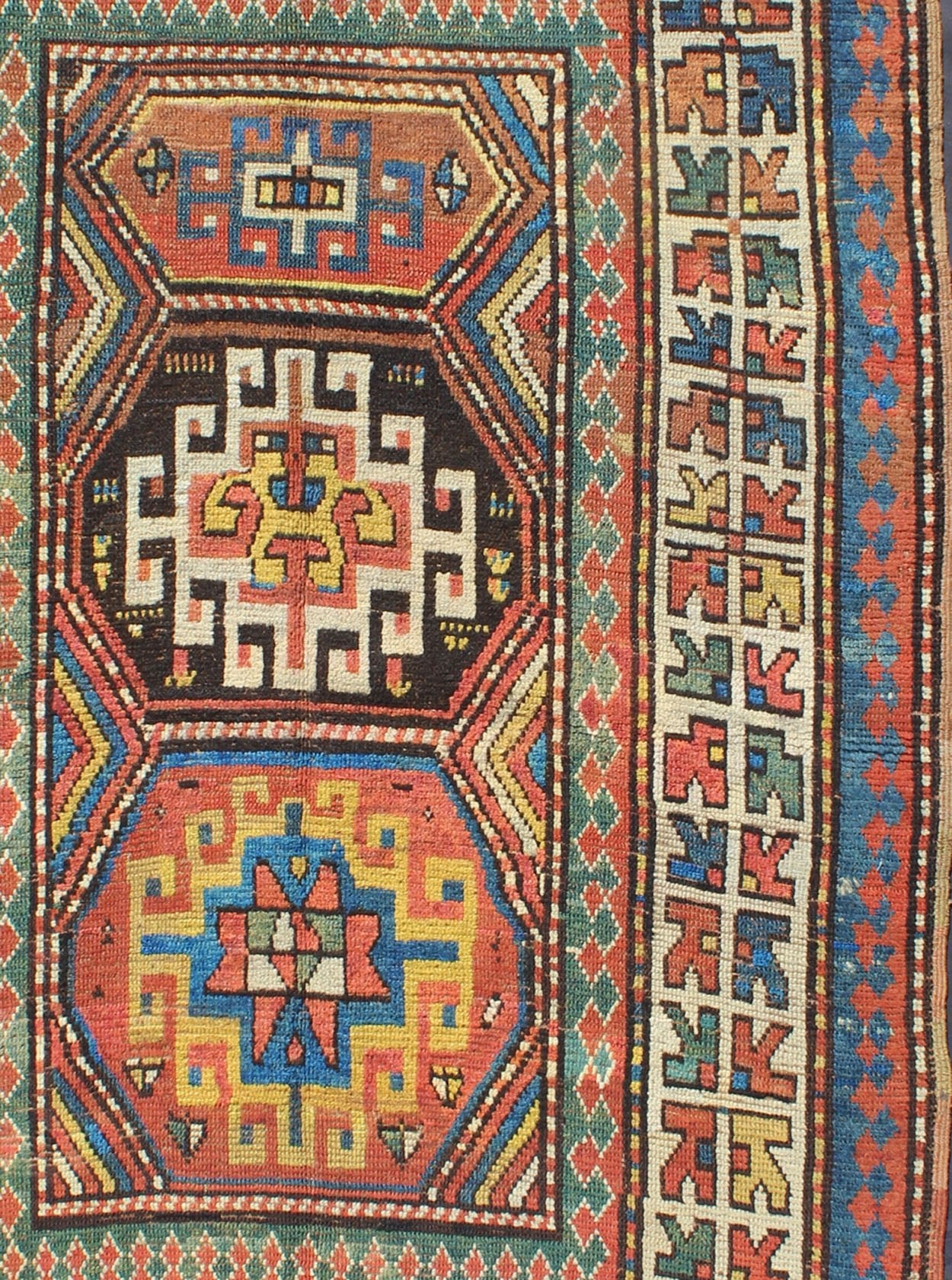 Late 19th Century Antique Kazak Carpet with Colorful Geometric Design. Keivan Woven Arts / rug KBE - 16, country of origin / type: Caucus / Caucasian, circa 1880. Measures: 3'8 x 6'3. This stunning late 19th century Kazak rug from the Caucasus regi... - Keivan Woven ArtsKBE - 16 - 4030Rug