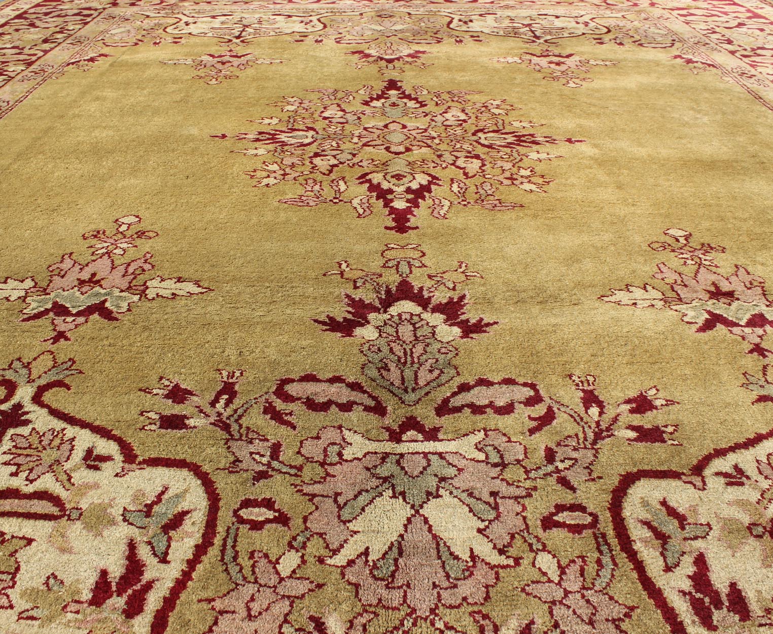 Late 19th Century Antique Indian Agra Rug in Green and Burgundy With Medallion. Keivan Woven Arts/ rug KBE - 17, country of origin / type: India / Agra, circa 1890 Measures: 9'3 x 11'8 This spectacular carpet was woven in Agra in the late 19th cent... - Keivan Woven ArtsKBE - 17 - 4152Rug