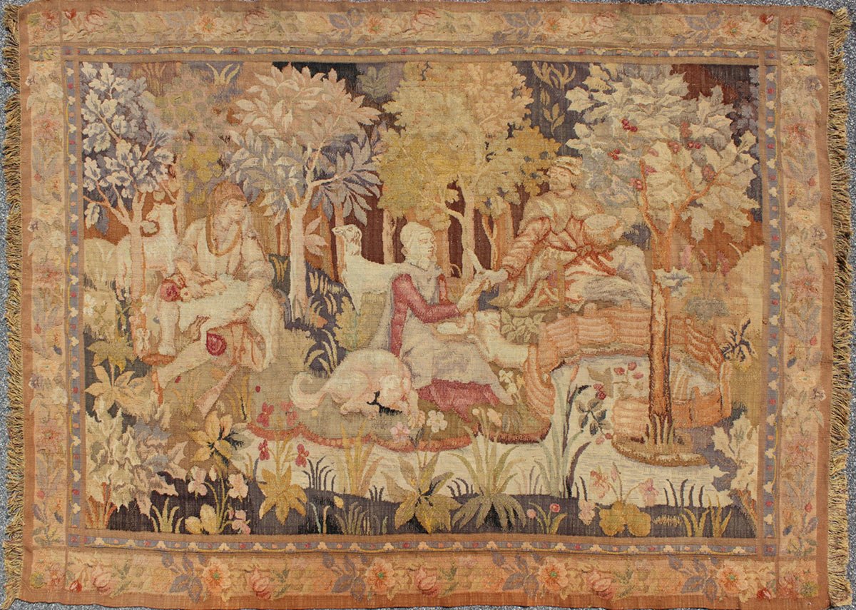 European Tapestry from 19th Century, France Depicting Abundant Woodland Scene This engaging antique European Tapestry from 1880s France depicts a traditional woodland landscape. The entire scene is set within an abundant woodland setting of tree... - Keivan Woven ArtsKBE - 170101 - 8437Rug