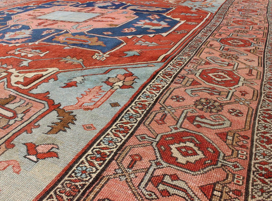 Antique Persian Serapi Carpet with Arabesque Detail and Vine - Scroll Border Keivan Woven Arts / Rug / KBE - 20, country of origin / type: Iran /Heriz, circa 1910. Measures: 9'7 x 11'4 Serapi rugs are known as the finest rugs produced in the Heriz r... - Keivan Woven ArtsKBE - 20 - 4164