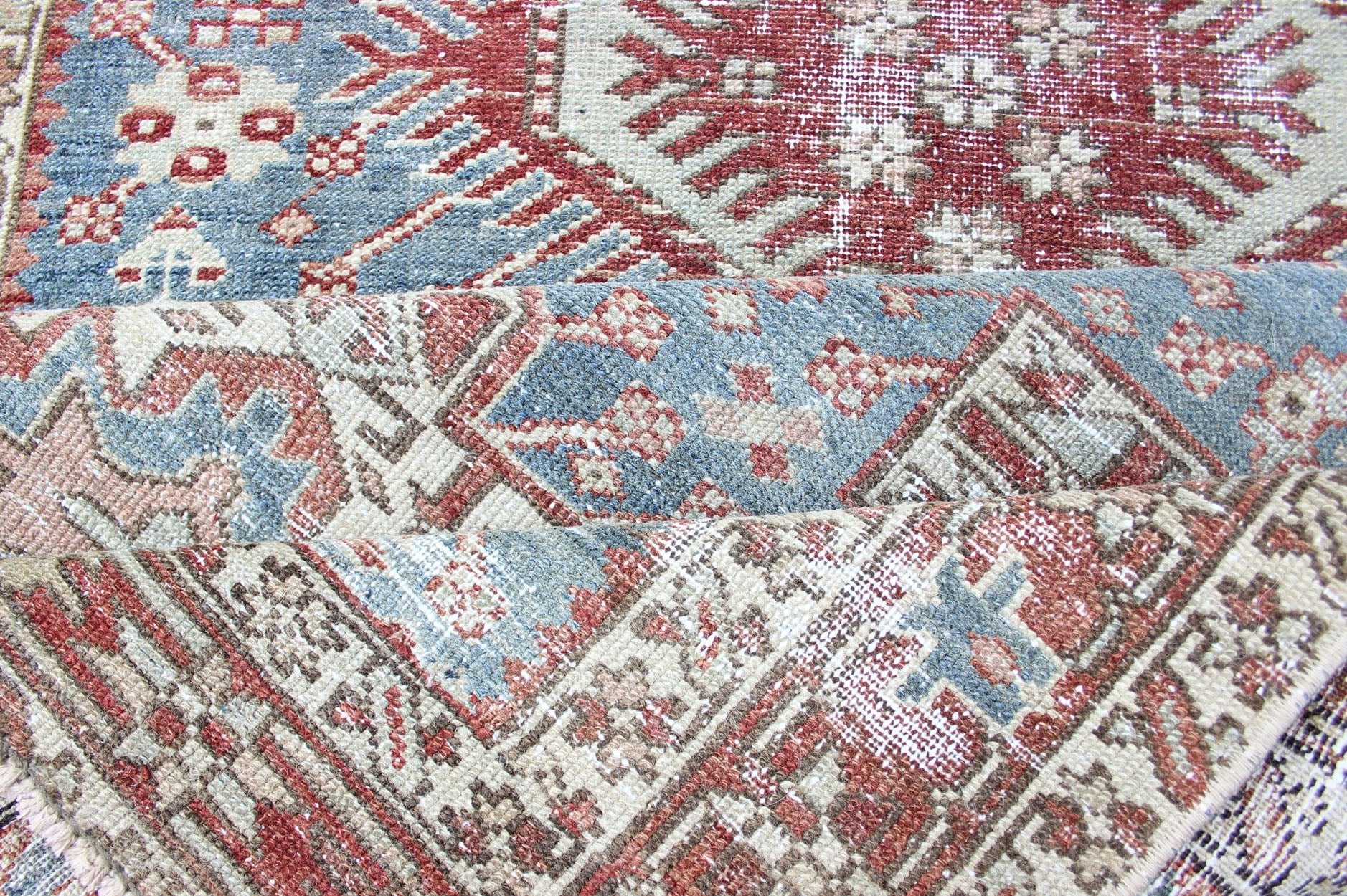Shades of light Blue and rust Red Antique Persian Heriz Long Runner with Geometric Design Persian Heriz antique Runner with sub - geometric Medallion Design in colorful tones including blue, red, and brown, rug KBE - 200202, country of origin / type... - Keivan Woven ArtsKBE - 200202 - 12639Rug