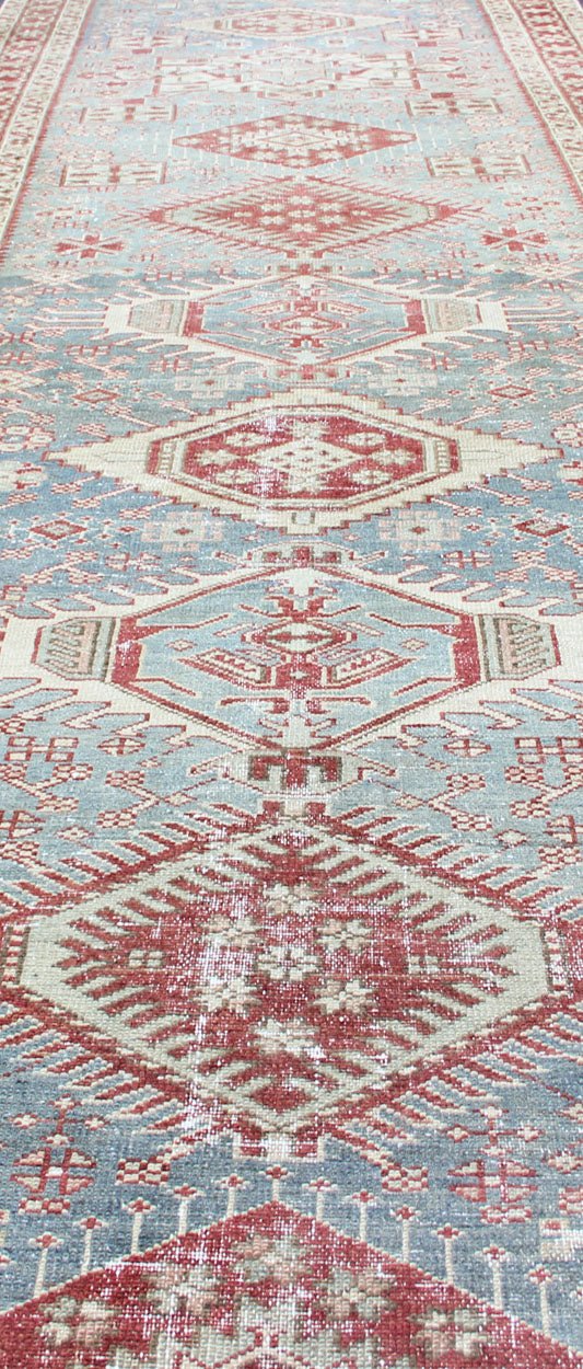 Shades of light Blue and rust Red Antique Persian Heriz Long Runner with Geometric Design Persian Heriz antique Runner with sub - geometric Medallion Design in colorful tones including blue, red, and brown, rug KBE - 200202, country of origin / type... - Keivan Woven ArtsKBE - 200202 - 12639Rug