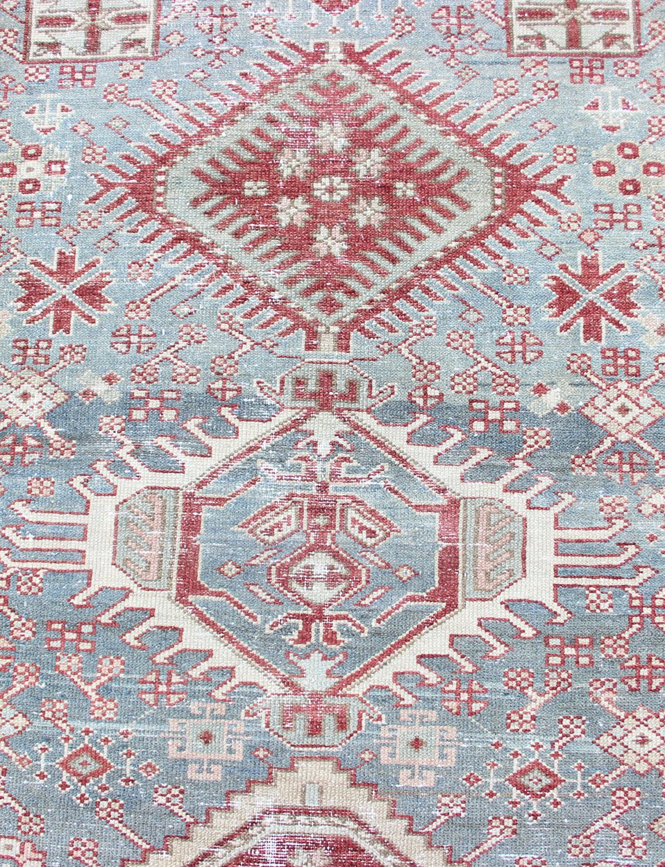 Shades of light Blue and rust Red Antique Persian Heriz Long Runner with Geometric Design Persian Heriz antique Runner with sub - geometric Medallion Design in colorful tones including blue, red, and brown, rug KBE - 200202, country of origin / type... - Keivan Woven ArtsKBE - 200202 - 12639Rug