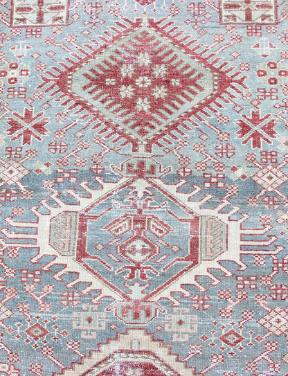 Shades of light Blue and rust Red Antique Persian Heriz Long Runner with Geometric Design Persian Heriz antique Runner with sub - geometric Medallion Design in colorful tones including blue, red, and brown, rug KBE - 200202, country of origin / type... - Keivan Woven ArtsKBE - 200202 - 12639Rug