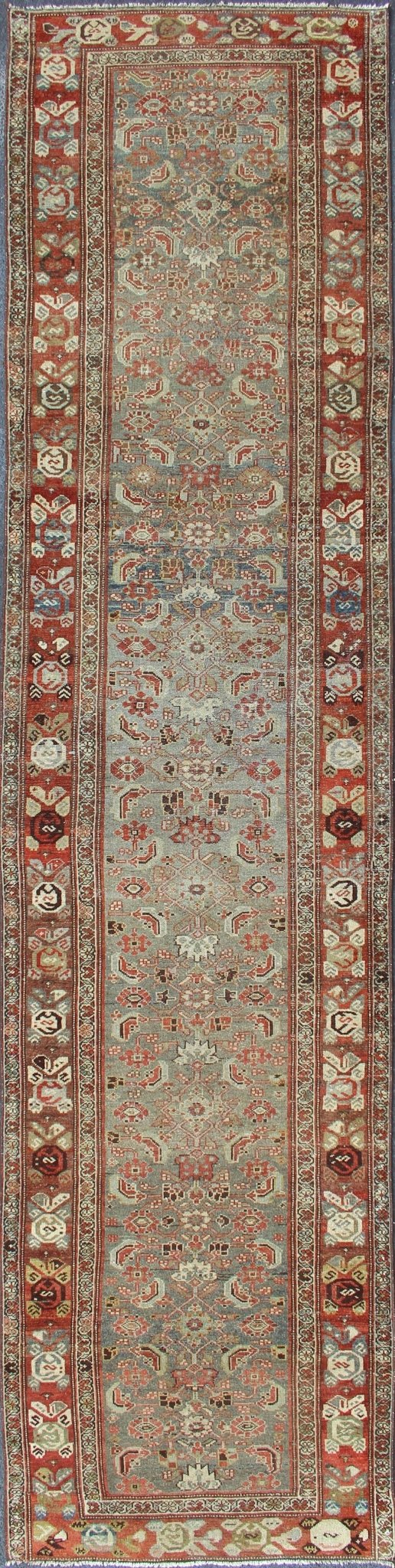 Sub - Geometric all over Herati Tribal Design Antique Persian Kurdish Runner in Multi colors variation of light colors Gray, green, blue background and soft red - colored border Persian Kurdish antique runner in Tribal all over Herati design with ge... - Keivan Woven ArtsKBE - 200203 - 12643