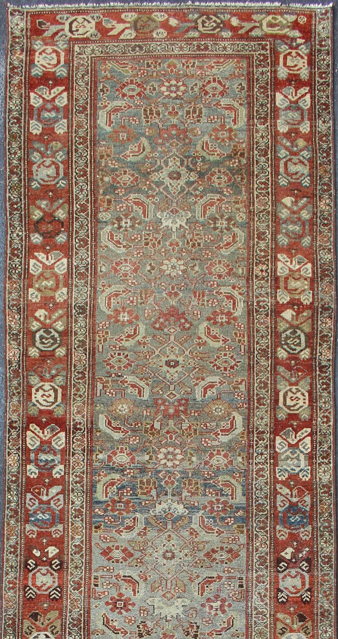 Sub - Geometric all over Herati Tribal Design Antique Persian Kurdish Runner in Multi colors variation of light colors Gray, green, blue background and soft red - colored border Persian Kurdish antique runner in Tribal all over Herati design with ge... - Keivan Woven ArtsKBE - 200203 - 12643Rug