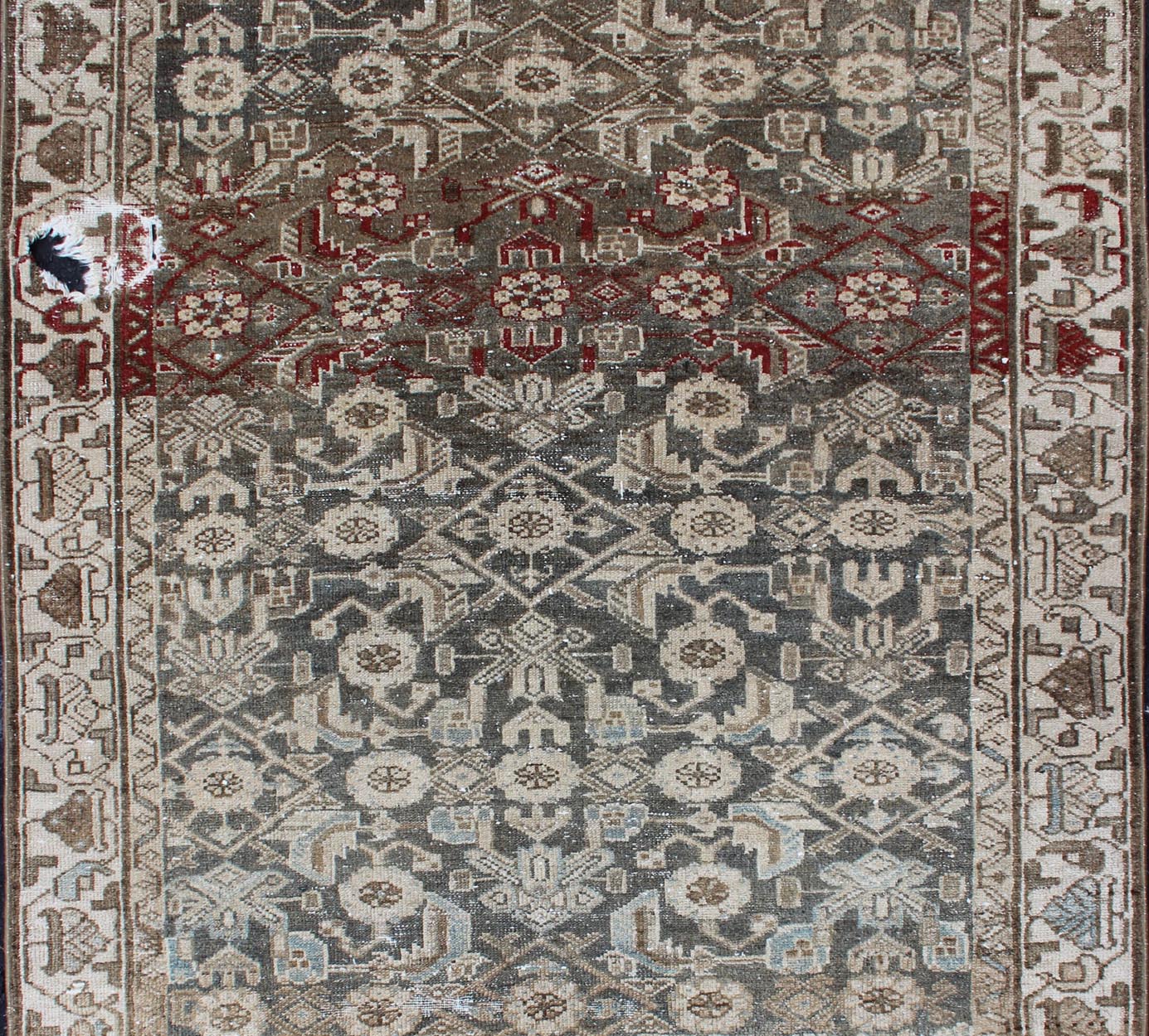 Earthy Tone Vintage Persian Hamadan Rug with All - Over Pattern in Gray blue All - Over Persian Earth Toned Vintage Hamadan Rug Floral design Hamedan vintage rug in brown and light grayish - blue color tones, rug kbe - 200204, origin / type: Iran / ... - Keivan Woven ArtsKBE - 200204 - 12647Rug