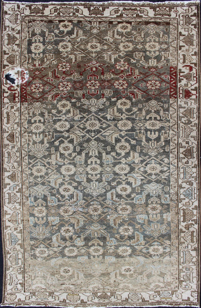 Earthy Tone Vintage Persian Hamadan Rug with All - Over Pattern in Gray blue All - Over Persian Earth Toned Vintage Hamadan Rug Floral design Hamedan vintage rug in brown and light grayish - blue color tones, rug kbe - 200204, origin / type: Iran / ... - Keivan Woven ArtsKBE - 200204 - 12647Rug