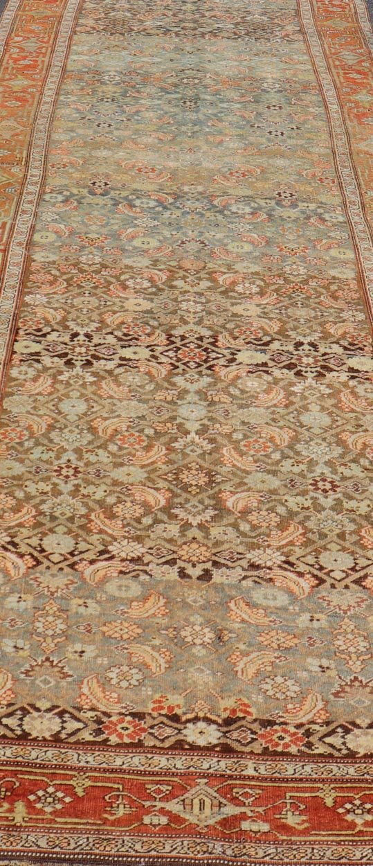 Long Antique Persian Bidjar Gallery Rug with All - Over Sub - Geometric Design. Keivan Woven Arts; rug KBE - 210301; country of origin / type: Persian / Bidjar, circa 1900. Measures: 5'0 x 16'3 This antique Persian Bidjar long gallery sized rug fea... - Keivan Woven ArtsKBE - 210301 - 15276Rug