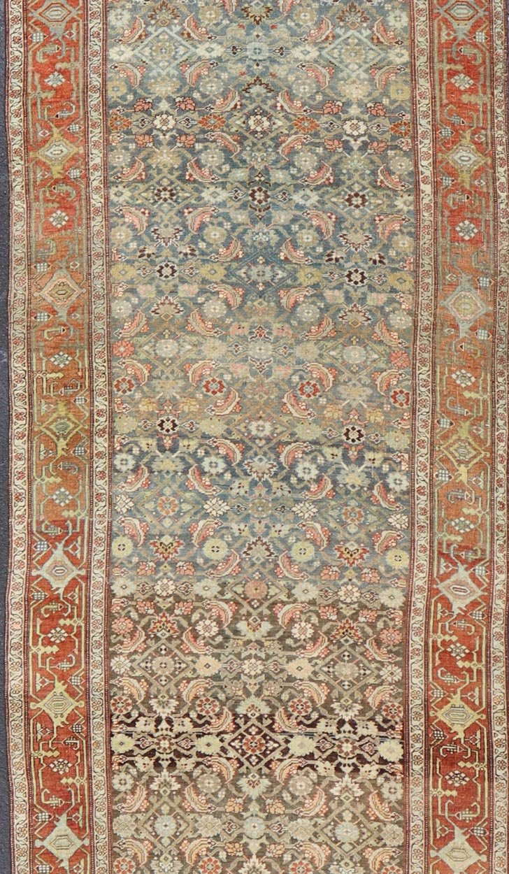 Long Antique Persian Bidjar Gallery Rug with All - Over Sub - Geometric Design. Keivan Woven Arts; rug KBE - 210301; country of origin / type: Persian / Bidjar, circa 1900. Measures: 5'0 x 16'3 This antique Persian Bidjar long gallery sized rug fea... - Keivan Woven ArtsKBE - 210301 - 15276Rug