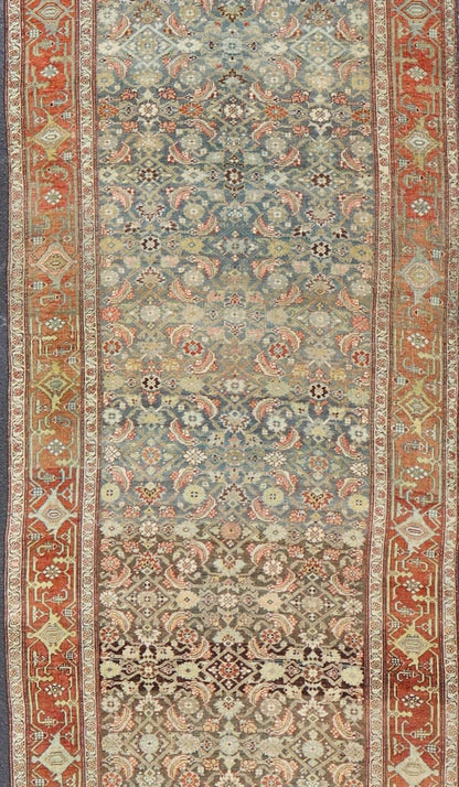 Long Antique Persian Bidjar Gallery Rug with All - Over Sub - Geometric Design. Keivan Woven Arts; rug KBE - 210301; country of origin / type: Persian / Bidjar, circa 1900. Measures: 5'0 x 16'3 This antique Persian Bidjar long gallery sized rug fea... - Keivan Woven ArtsKBE - 210301 - 15276Rug