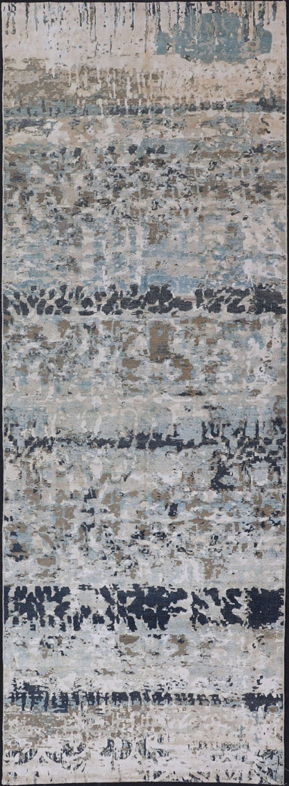 Modern Indian Abstract Bamboo Silk and Wool Gallery Runner in Earthy Tones Measures 5'0 x 14'10 Country of Origin: India; Type: Modern; Design: All - Over, Abstract, Modern; Keivan Woven Arts: rug KBE - 210801; Modern Indian Abstract Bamboo ... - Keivan Woven ArtsKBE - 210801 - 17184Rug