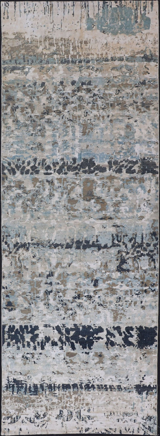 Modern Indian Abstract Bamboo Silk and Wool Gallery Runner in Earthy Tones Measures 5'0 x 14'10 Country of Origin: India; Type: Modern; Design: All - Over, Abstract, Modern; Keivan Woven Arts: rug KBE - 210801; Modern Indian Abstract Bamboo ... - Keivan Woven ArtsKBE - 210801 - 17184Rug
