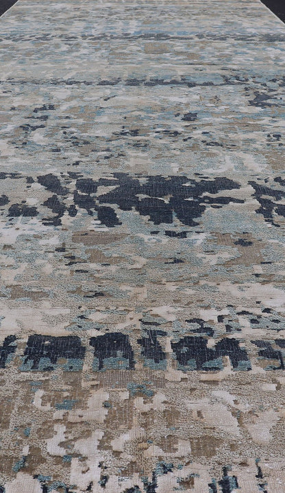 Modern Indian Abstract Bamboo Silk and Wool Gallery Runner in Earthy Tones Measures 5'0 x 14'10 Country of Origin: India; Type: Modern; Design: All - Over, Abstract, Modern; Keivan Woven Arts: rug KBE - 210801; Modern Indian Abstract Bamboo ... - Keivan Woven ArtsKBE - 210801 - 17184Rug