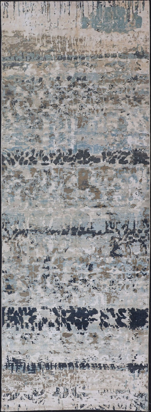 Modern Indian Abstract Bamboo Silk and Wool Gallery Runner in Earthy Tones Measures 5'0 x 14'10 Country of Origin: India; Type: Modern; Design: All - Over, Abstract, Modern; Keivan Woven Arts: rug KBE - 210801; Modern Indian Abstract Bamboo ... - Keivan Woven ArtsKBE - 210801 - 17184