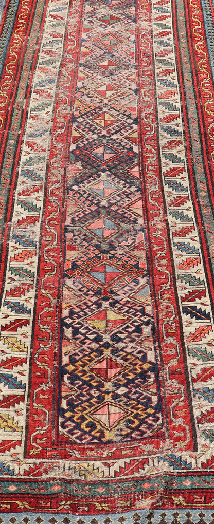 Distressed Medallion Antique Caucasian Kazak Rug with Geometric Medallions Distressed Geometric Medallion antique Caucasian Kazak rug in lighter tones. Keivan Woven Arts / rug KBE - 220101, country of origin / type: Iran / Caucasian Kazak, circa 1... - Keivan Woven ArtsKBE - 220101 - 19088
