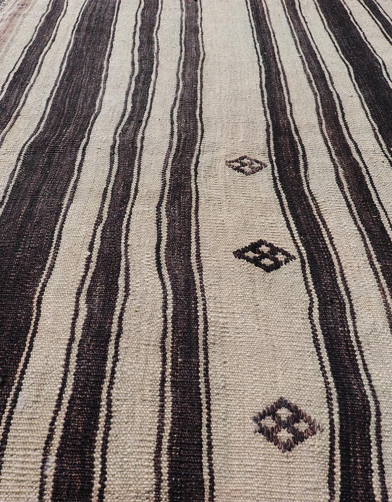Measures: 2'11 x 4'10 Stripe Design Turkish Vintage Flat - Weave Rug in Dark Brown, Taupe, and Cream. Keivan Woven Arts / rug KBE - 221103, country of origin / type: Turkey / Kilim, circa 1950 This vintage flat - woven Kilim features a minimalist desi... - Keivan Woven ArtsKBE - 221103 - 21955Rug