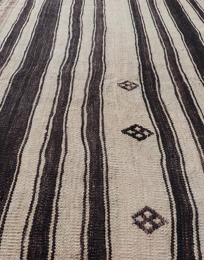 Measures: 2'11 x 4'10 Stripe Design Turkish Vintage Flat - Weave Rug in Dark Brown, Taupe, and Cream. Keivan Woven Arts / rug KBE - 221103, country of origin / type: Turkey / Kilim, circa 1950 This vintage flat - woven Kilim features a minimalist desi... - Keivan Woven ArtsKBE - 221103 - 21955Rug