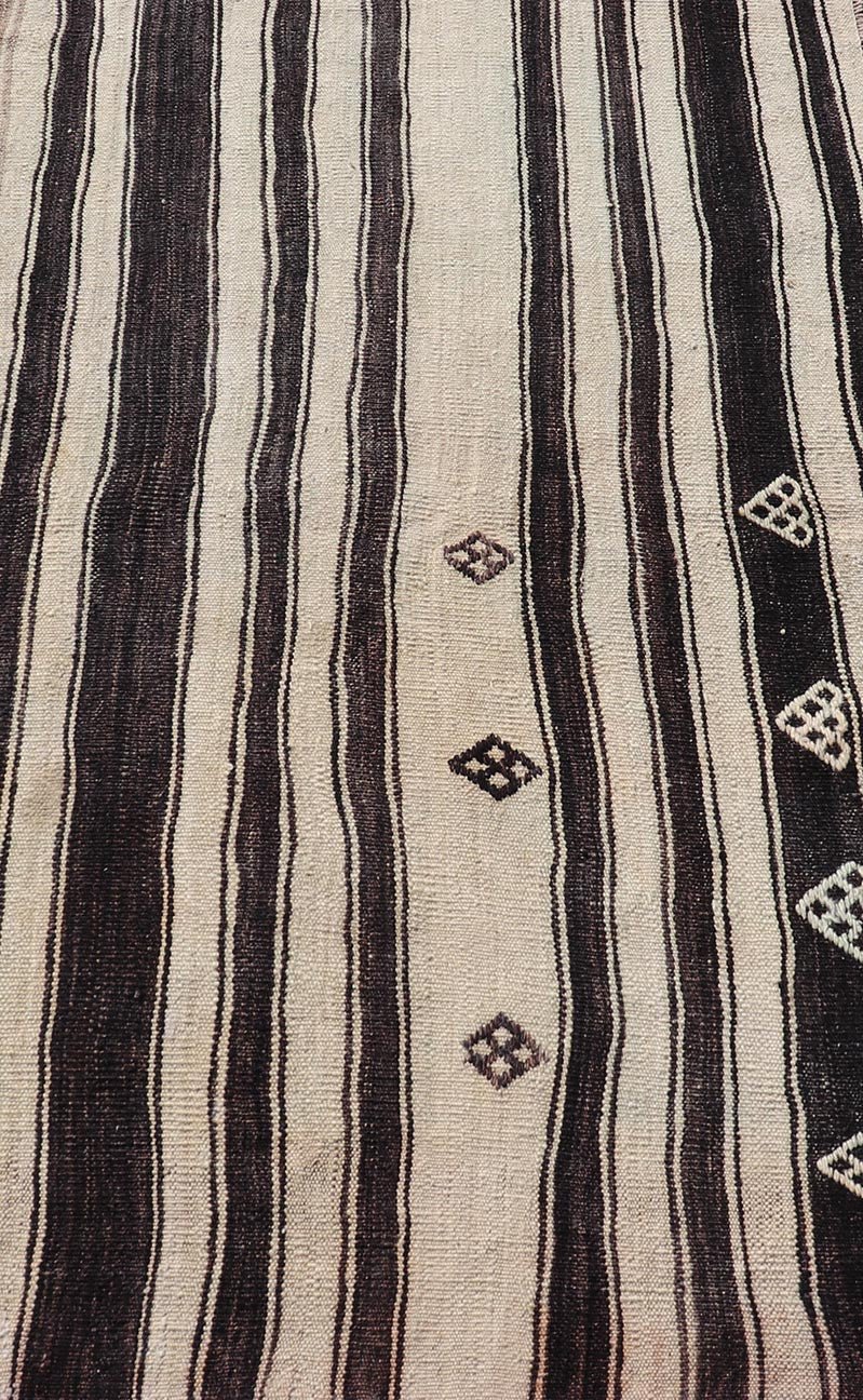Measures: 2'11 x 4'10 Stripe Design Turkish Vintage Flat - Weave Rug in Dark Brown, Taupe, and Cream. Keivan Woven Arts / rug KBE - 221103, country of origin / type: Turkey / Kilim, circa 1950 This vintage flat - woven Kilim features a minimalist desi... - Keivan Woven ArtsKBE - 221103 - 21955Rug