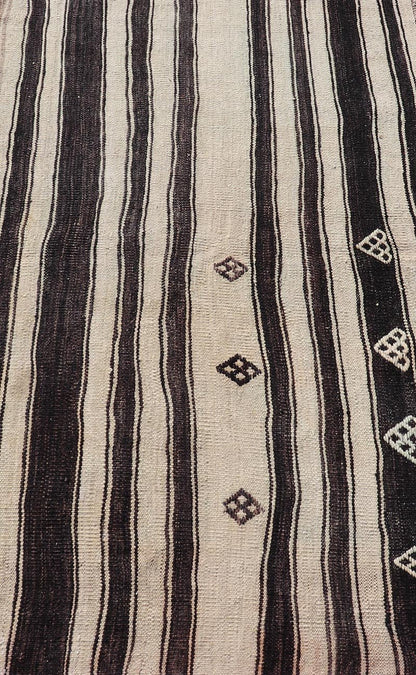 Measures: 2'11 x 4'10 Stripe Design Turkish Vintage Flat - Weave Rug in Dark Brown, Taupe, and Cream. Keivan Woven Arts / rug KBE - 221103, country of origin / type: Turkey / Kilim, circa 1950 This vintage flat - woven Kilim features a minimalist desi... - Keivan Woven ArtsKBE - 221103 - 21955Rug