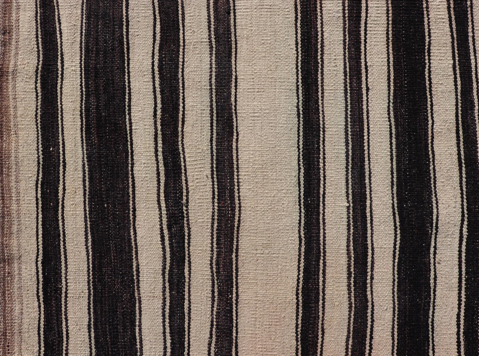 Measures: 2'11 x 4'10 Stripe Design Turkish Vintage Flat - Weave Rug in Dark Brown, Taupe, and Cream. Keivan Woven Arts / rug KBE - 221103, country of origin / type: Turkey / Kilim, circa 1950 This vintage flat - woven Kilim features a minimalist desi... - Keivan Woven ArtsKBE - 221103 - 21955Rug