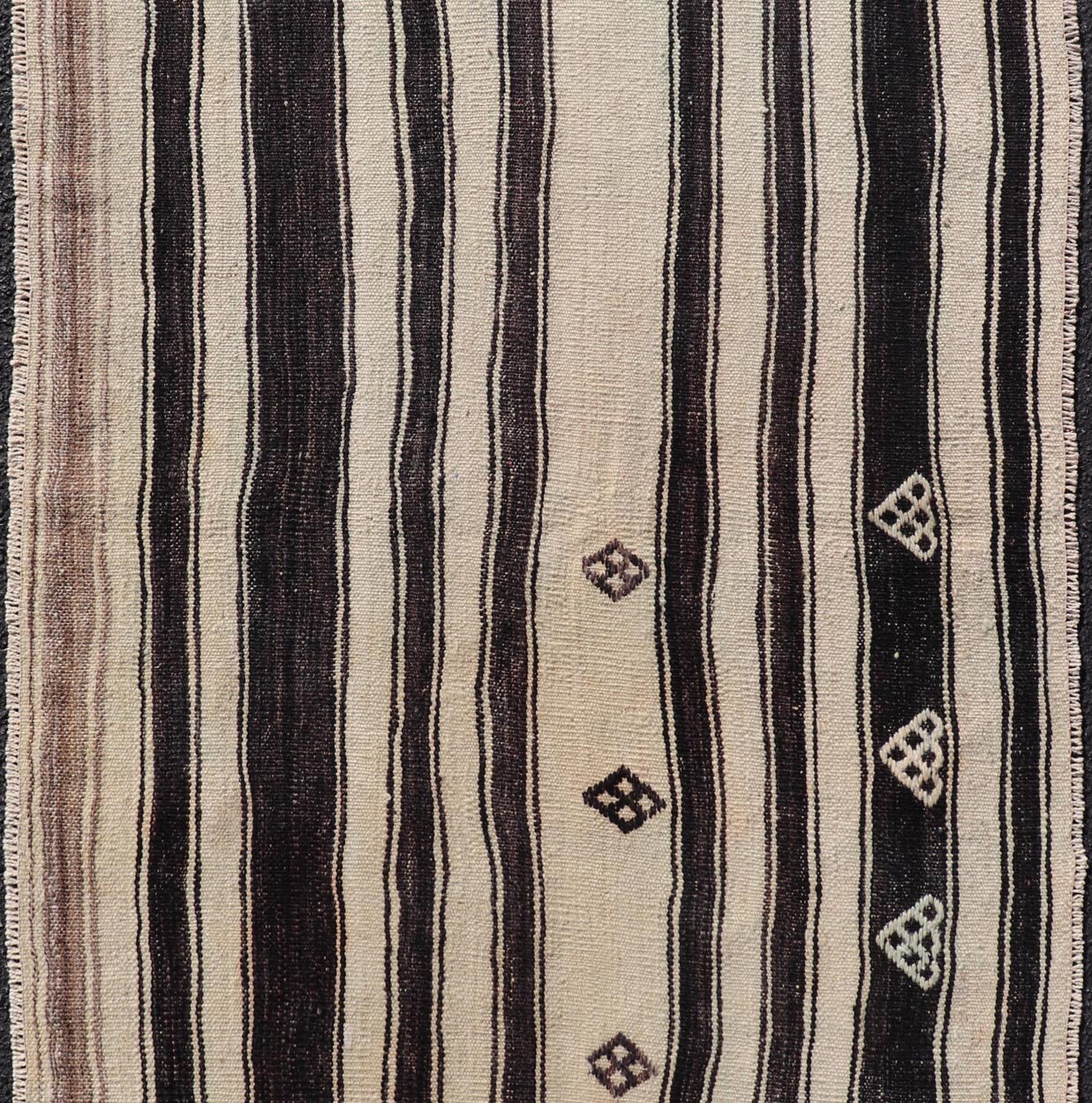 Measures: 2'11 x 4'10 Stripe Design Turkish Vintage Flat - Weave Rug in Dark Brown, Taupe, and Cream. Keivan Woven Arts / rug KBE - 221103, country of origin / type: Turkey / Kilim, circa 1950 This vintage flat - woven Kilim features a minimalist desi... - Keivan Woven ArtsKBE - 221103 - 21955Rug