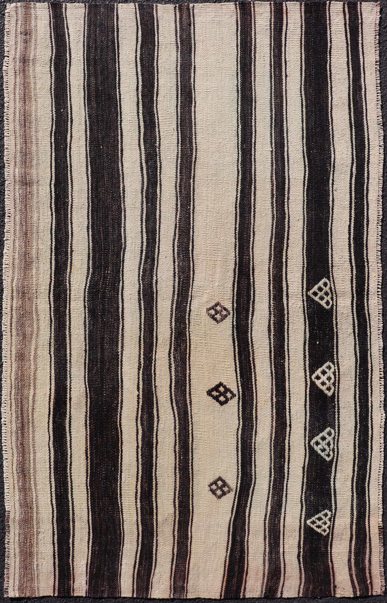 Measures: 2'11 x 4'10 Stripe Design Turkish Vintage Flat - Weave Rug in Dark Brown, Taupe, and Cream. Keivan Woven Arts / rug KBE - 221103, country of origin / type: Turkey / Kilim, circa 1950 This vintage flat - woven Kilim features a minimalist desi... - Keivan Woven ArtsKBE - 221103 - 21955Rug