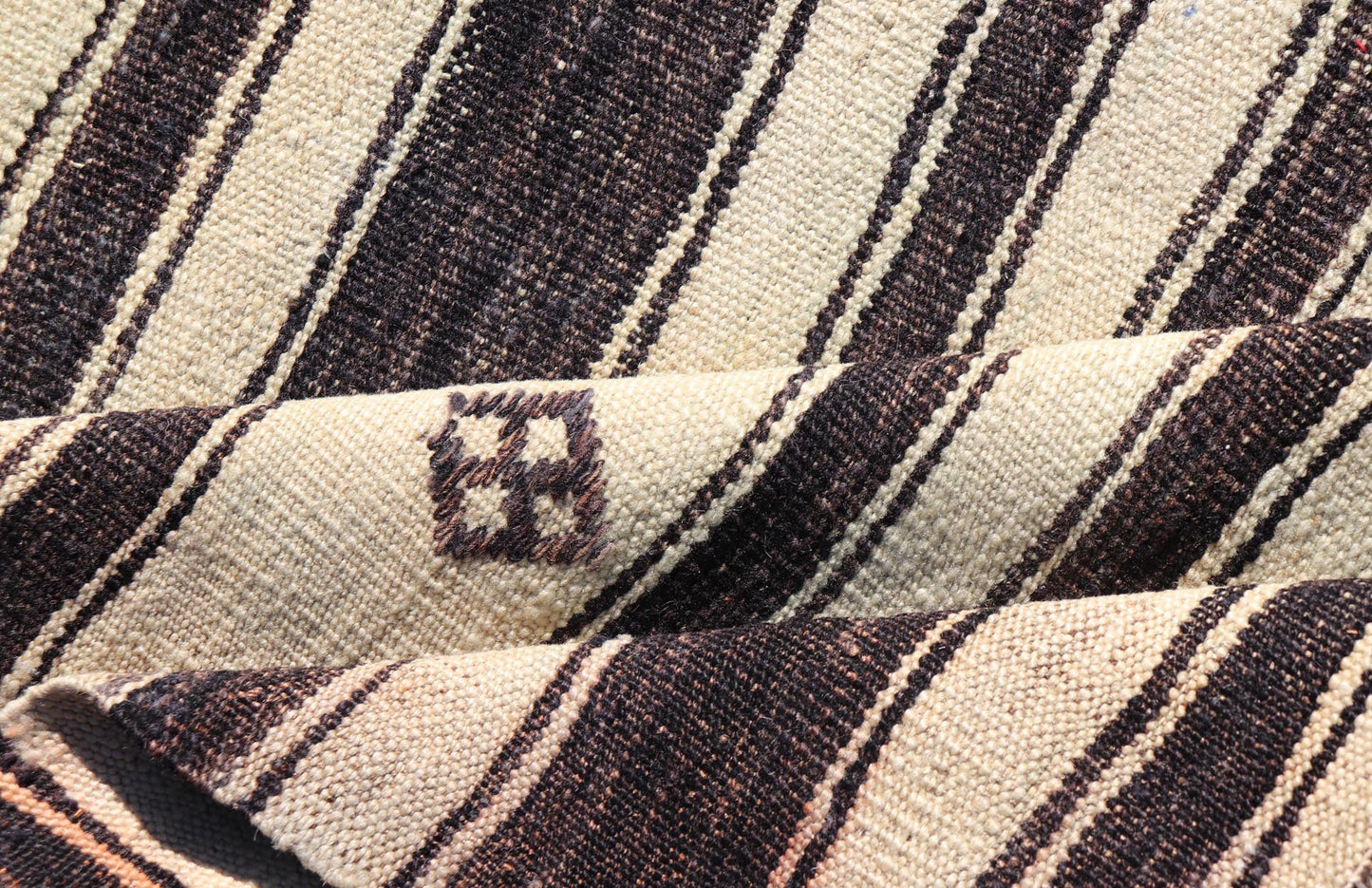 Measures: 2'11 x 4'10 Stripe Design Turkish Vintage Flat - Weave Rug in Dark Brown, Taupe, and Cream. Keivan Woven Arts / rug KBE - 221103, country of origin / type: Turkey / Kilim, circa 1950 This vintage flat - woven Kilim features a minimalist desi... - Keivan Woven ArtsKBE - 221103 - 21955Rug