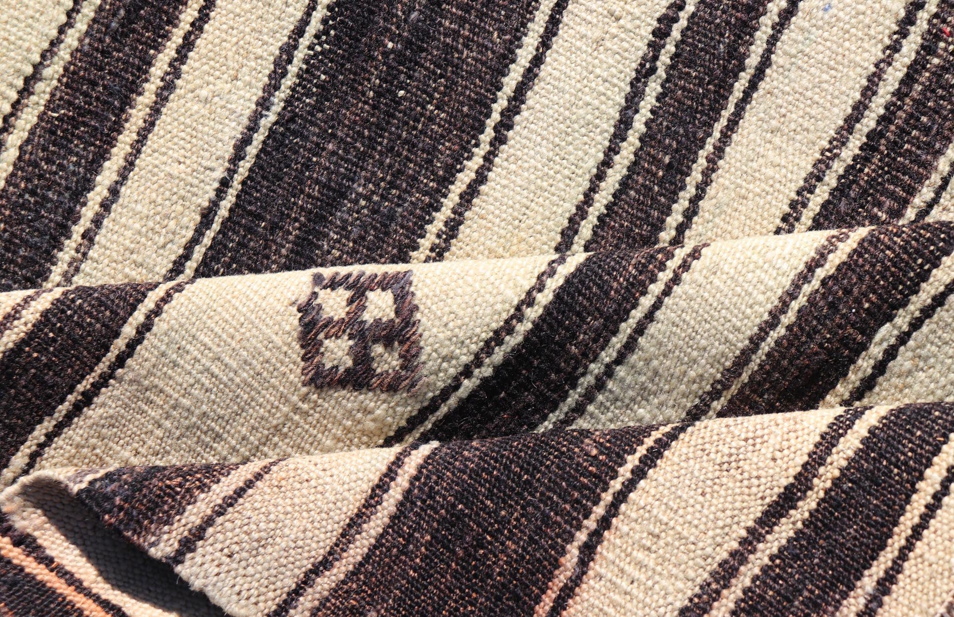 Measures: 2'11 x 4'10 Stripe Design Turkish Vintage Flat - Weave Rug in Dark Brown, Taupe, and Cream. Keivan Woven Arts / rug KBE - 221103, country of origin / type: Turkey / Kilim, circa 1950 This vintage flat - woven Kilim features a minimalist desi... - Keivan Woven ArtsKBE - 221103 - 21955Rug