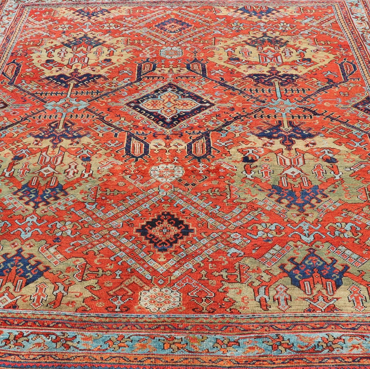 Early 20th Century Antique Oushak Rug in Large Medallions by Keivan Woven Arts Measures: 12'0 x 14'7 Keivan Woven Arts Early 20th Century Antique Turkish Oushak Rug. Keivan Woven Arts / rug KBE - 240205, country of origin / type: Turkey ... - Keivan Woven ArtsKBE - 240205 - 27652Rug